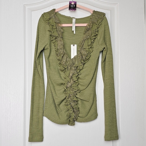 Olive Green By Anthropologie Ruffled Lace Frilly Cardigan Top XXS - Picture 4 of 9